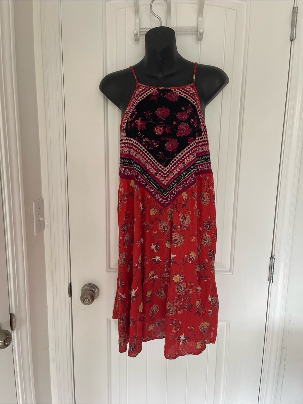Pink Rose Red Floral Halter Mini Dress with Black Yoke Panel